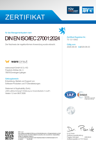 ISO-27001-Zertifikat von wareconsult zertifiziert durch TÜV Hessen